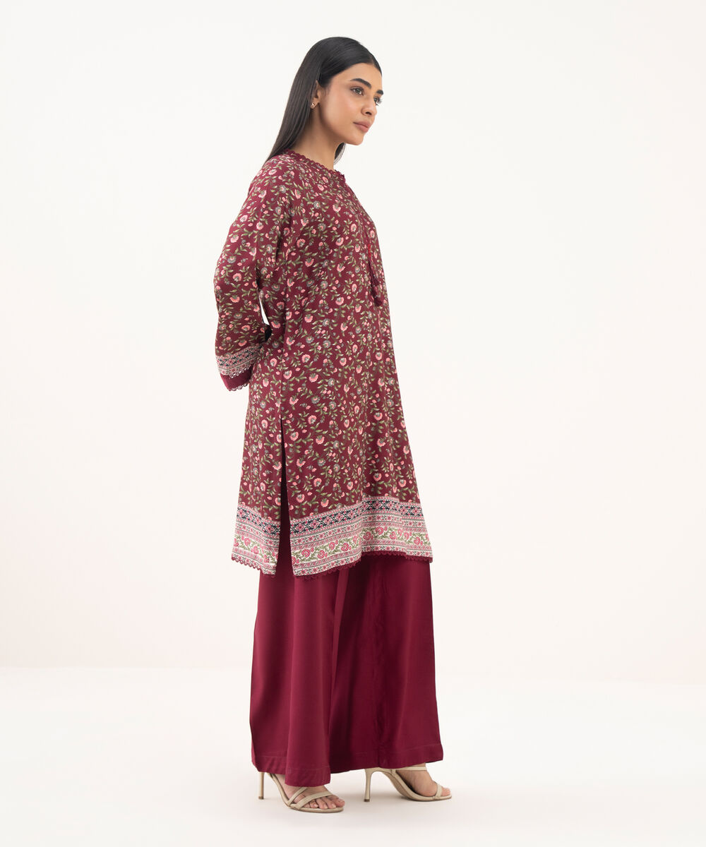Women's RTW Linen Viscose Printed Maroon Straight Shirt