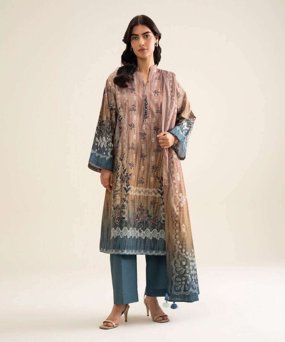 Women's Unstitched Cotton Printed Multi 3 Piece Suit