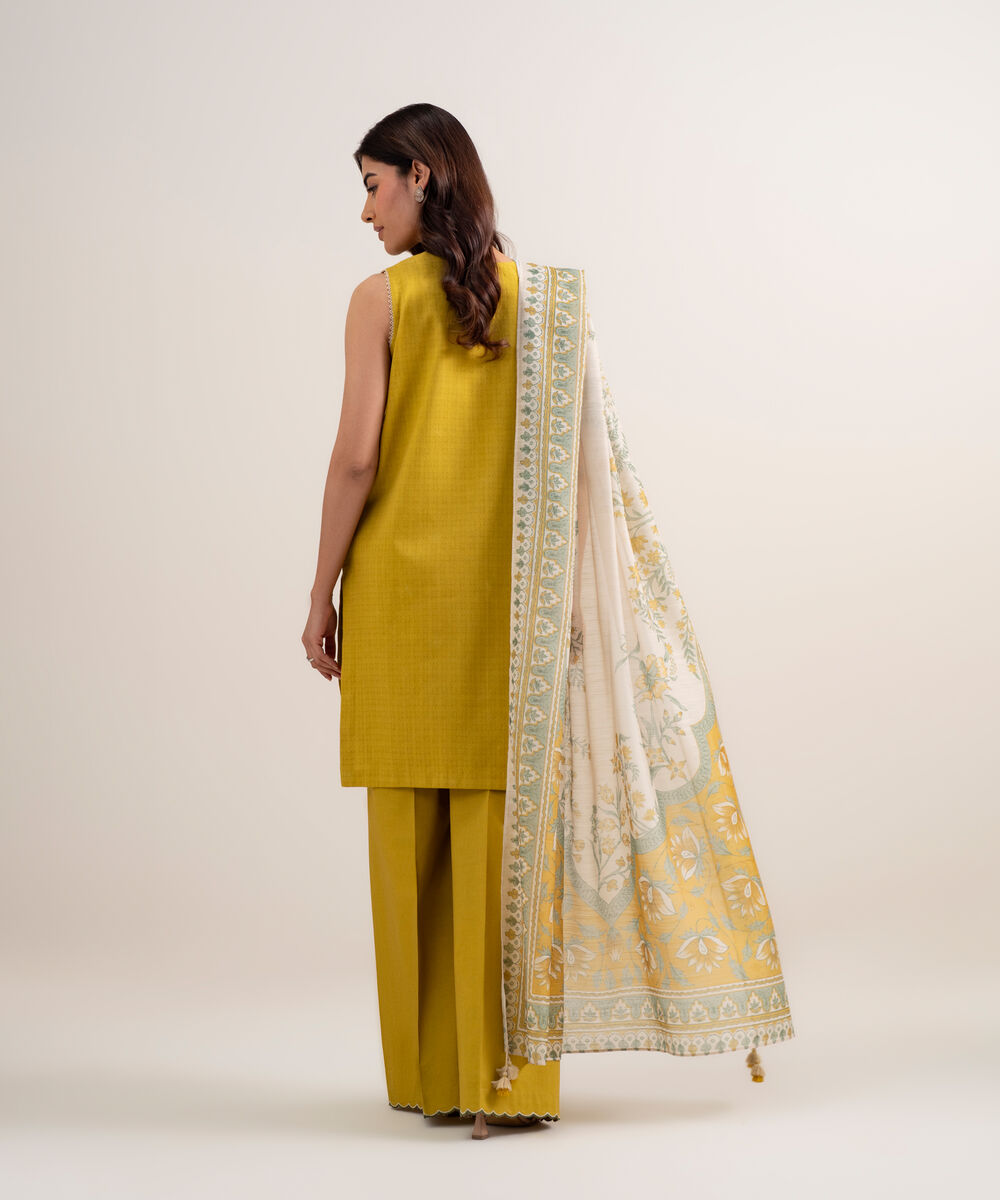 Women's Unstitched Dobby Embroidered Yellow 3 Piece Suit