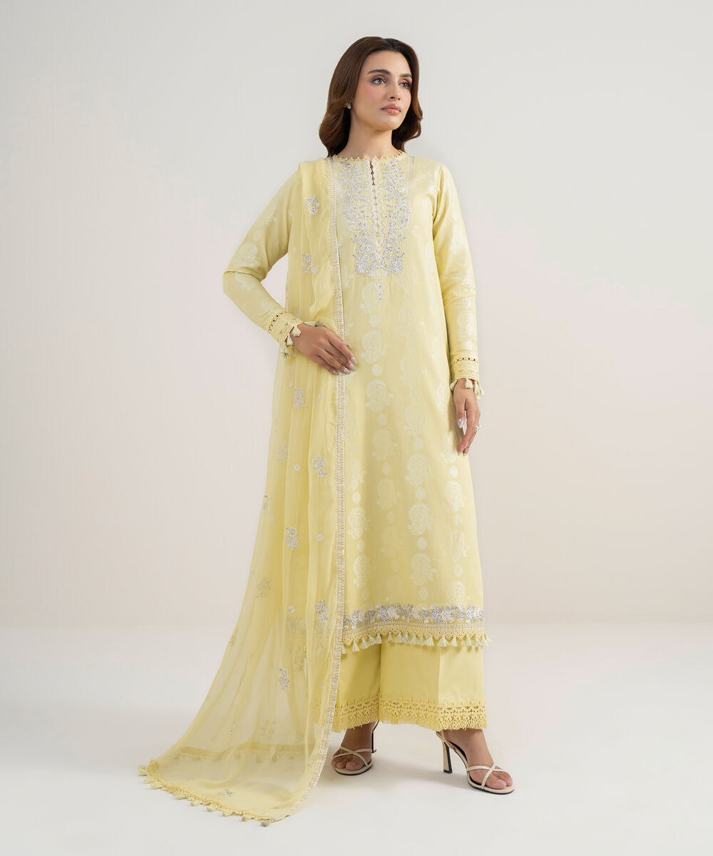 Women's Unstitched Extra Weft Jacquard Embroidered Yellow 3 Piece Suit