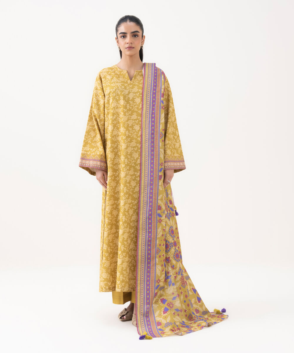 Women's Unstitched Khaddar Printed Yellow 3 Piece Suit