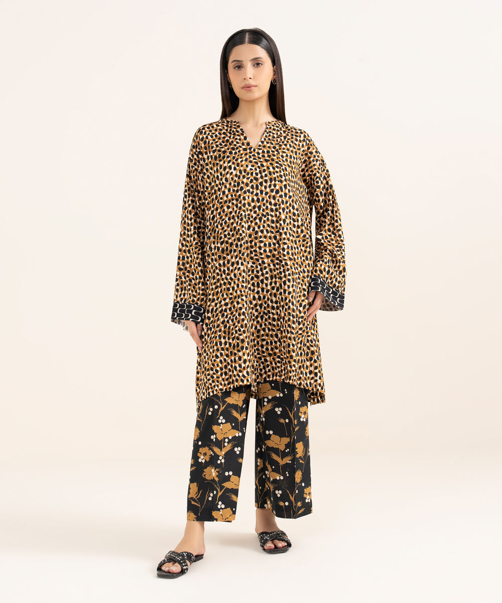 Women's RTW Arabic Lawn Brown Printed Drop Shoulder Shirt