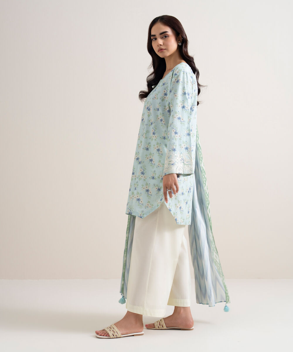 Women's Unstitched Lawn Embroidered Blue 2 Piece Suit