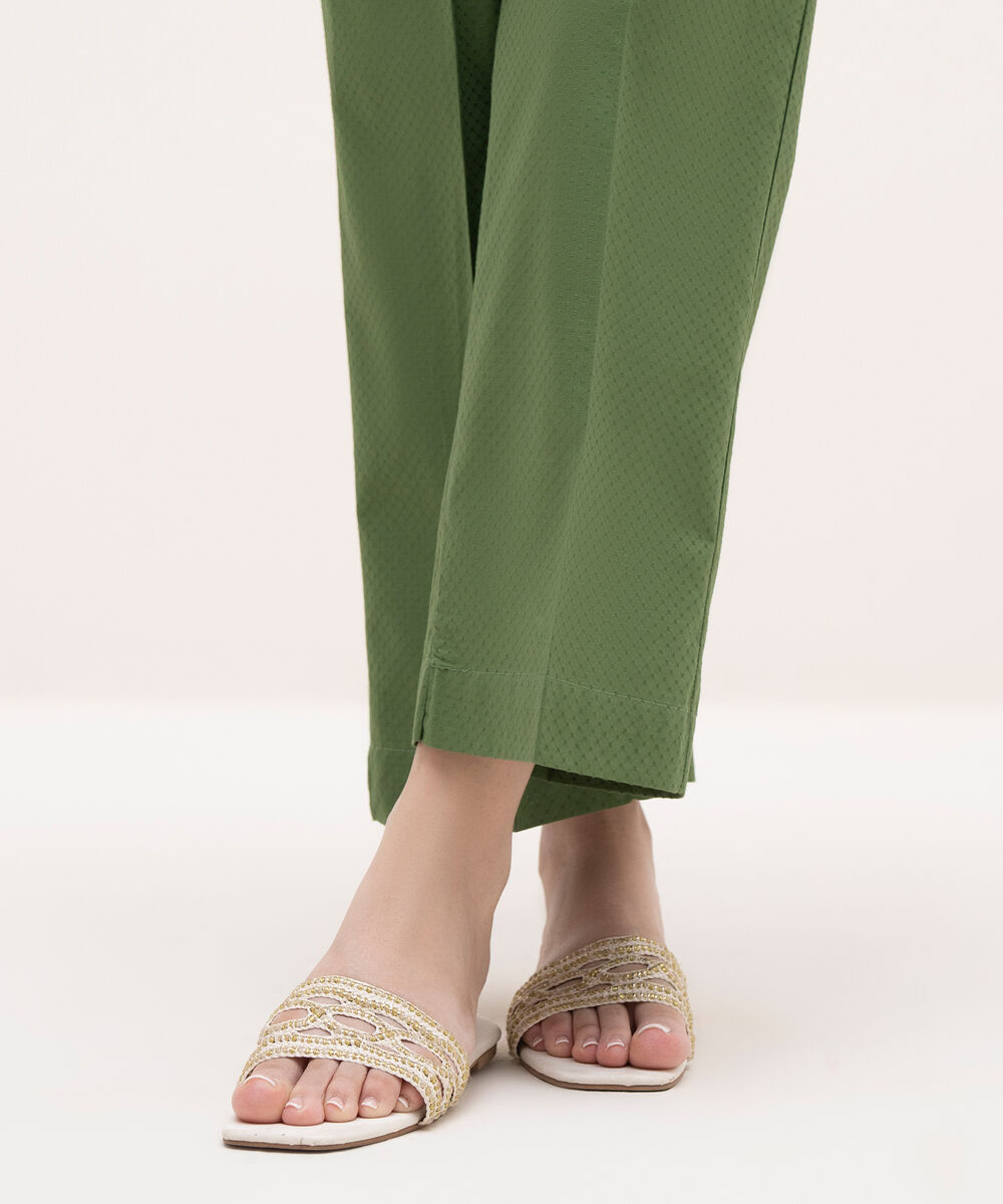 Women's RTW Textured Lawn Green Solid Straight Pants