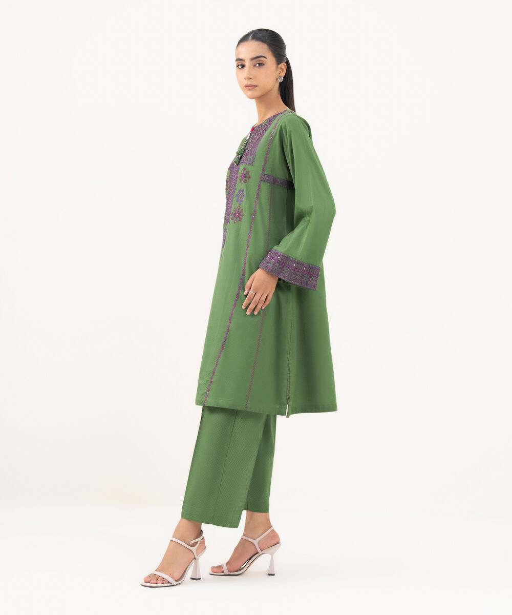 Women's RTW Textured Lawn Green Embroidered A-Line Shirt