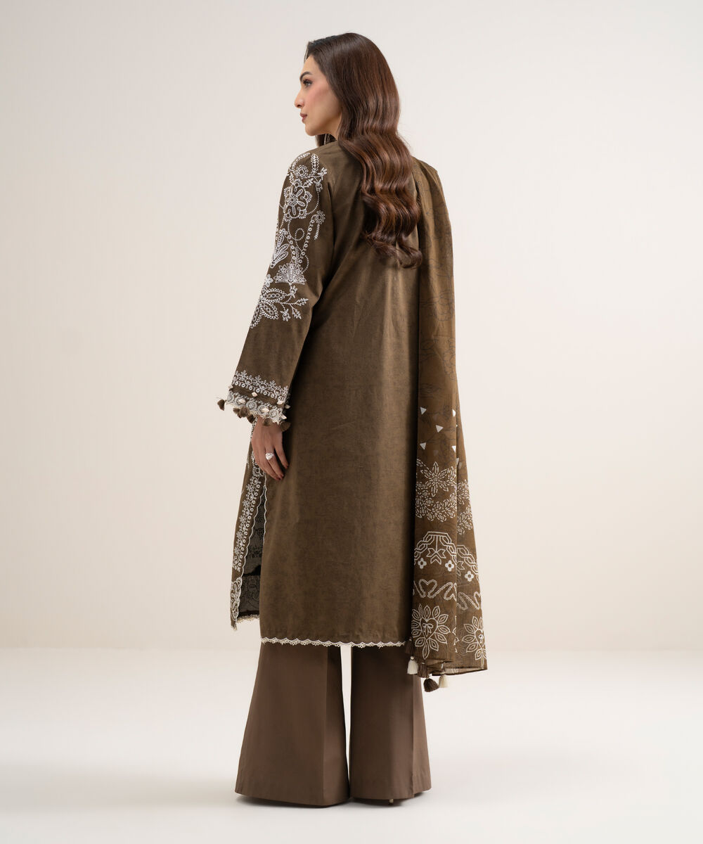Women's Unstitched Lawn Embroidered Brown 3 Piece Suit