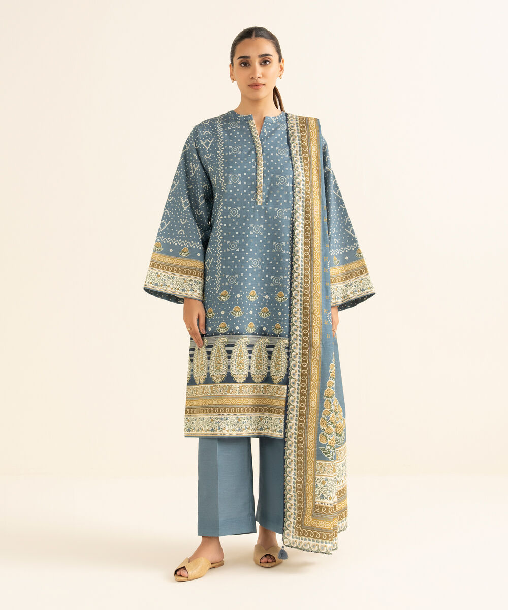 Women's Unstitched Cotton Printed Blue 3 Piece Suit