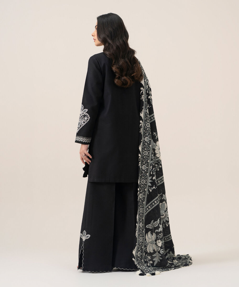 Women's Unstitched Basic Khaddar Embroidered Black 3 Piece Suit