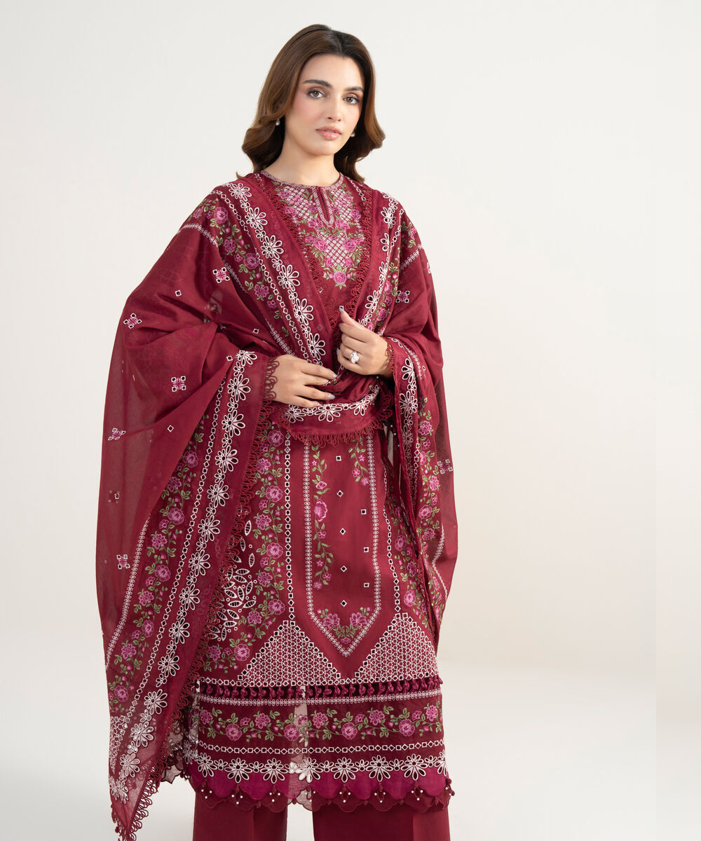 Women's Unstitched Lawn Embroidered Red 3 Piece Suit