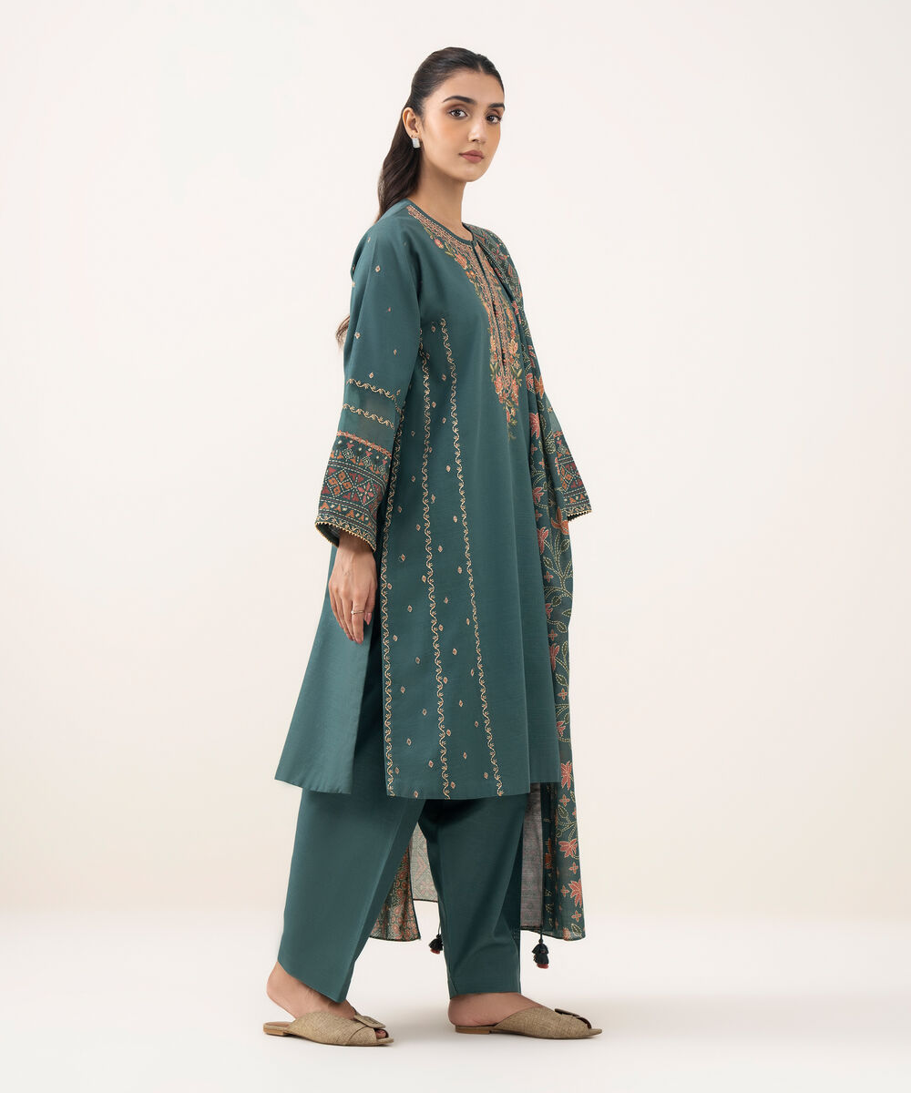Women's Unstitched Light Khaddar Embroidered Green 3 Piece Suit