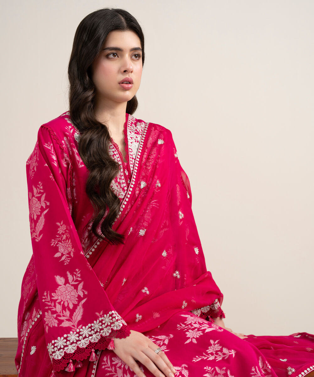 Women's Unstitched Extra Weft Jacquard Embroidered Pink 3 Piece Suit