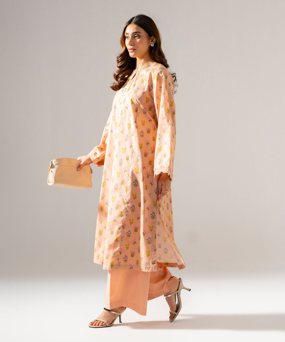 Women's RTW Printed Cambric Peach A-Line Shirt
