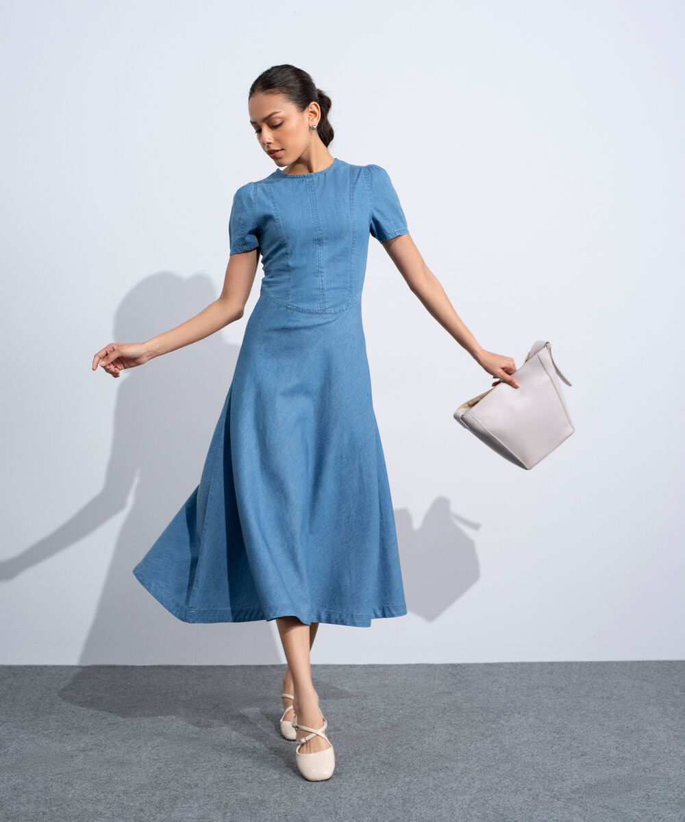 Women's Western Mid Blue Wash Puff Sleeve Denim Dress