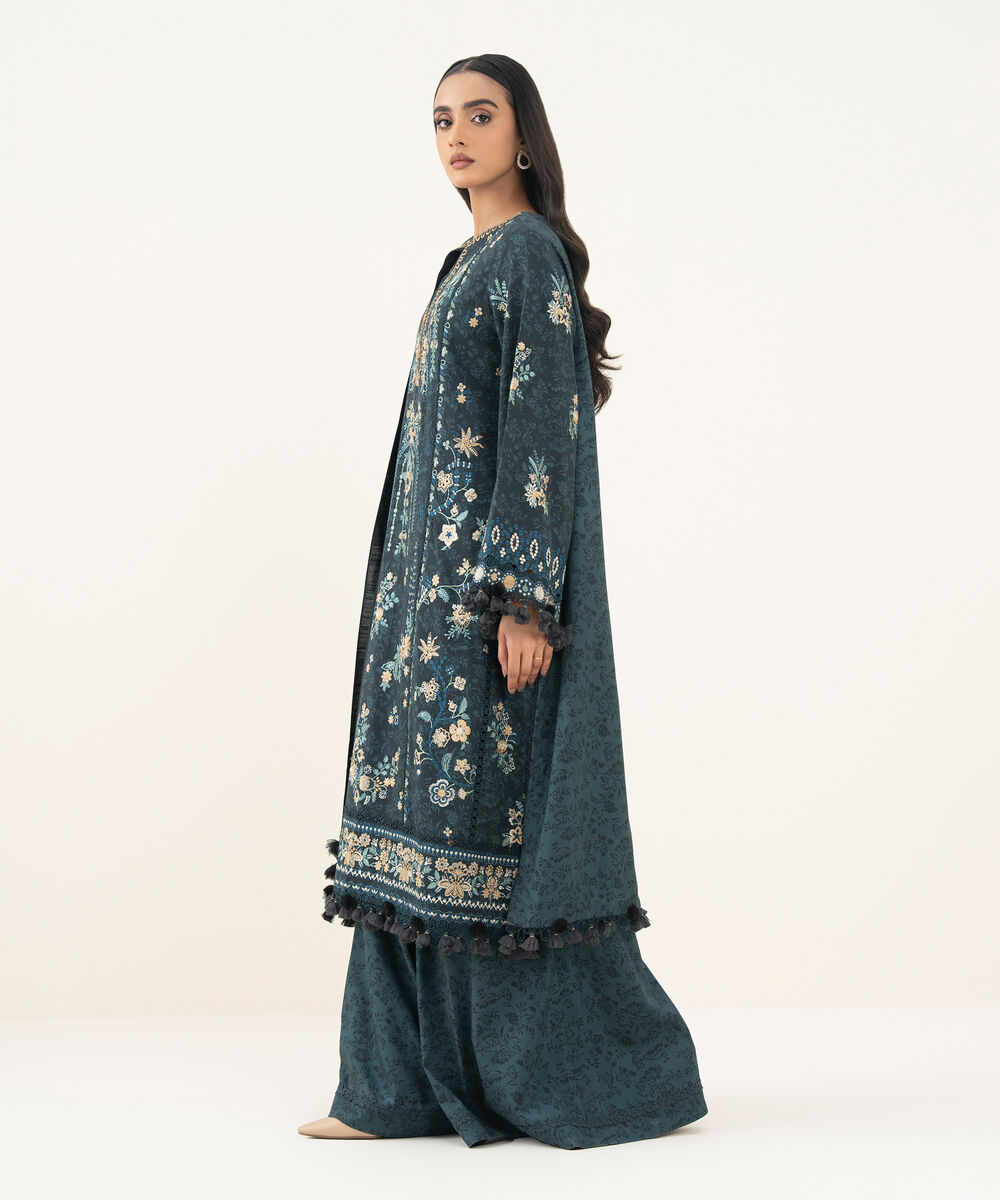 Women's Unstitched Embroidered Twill Teal Green 3 Piece Suit