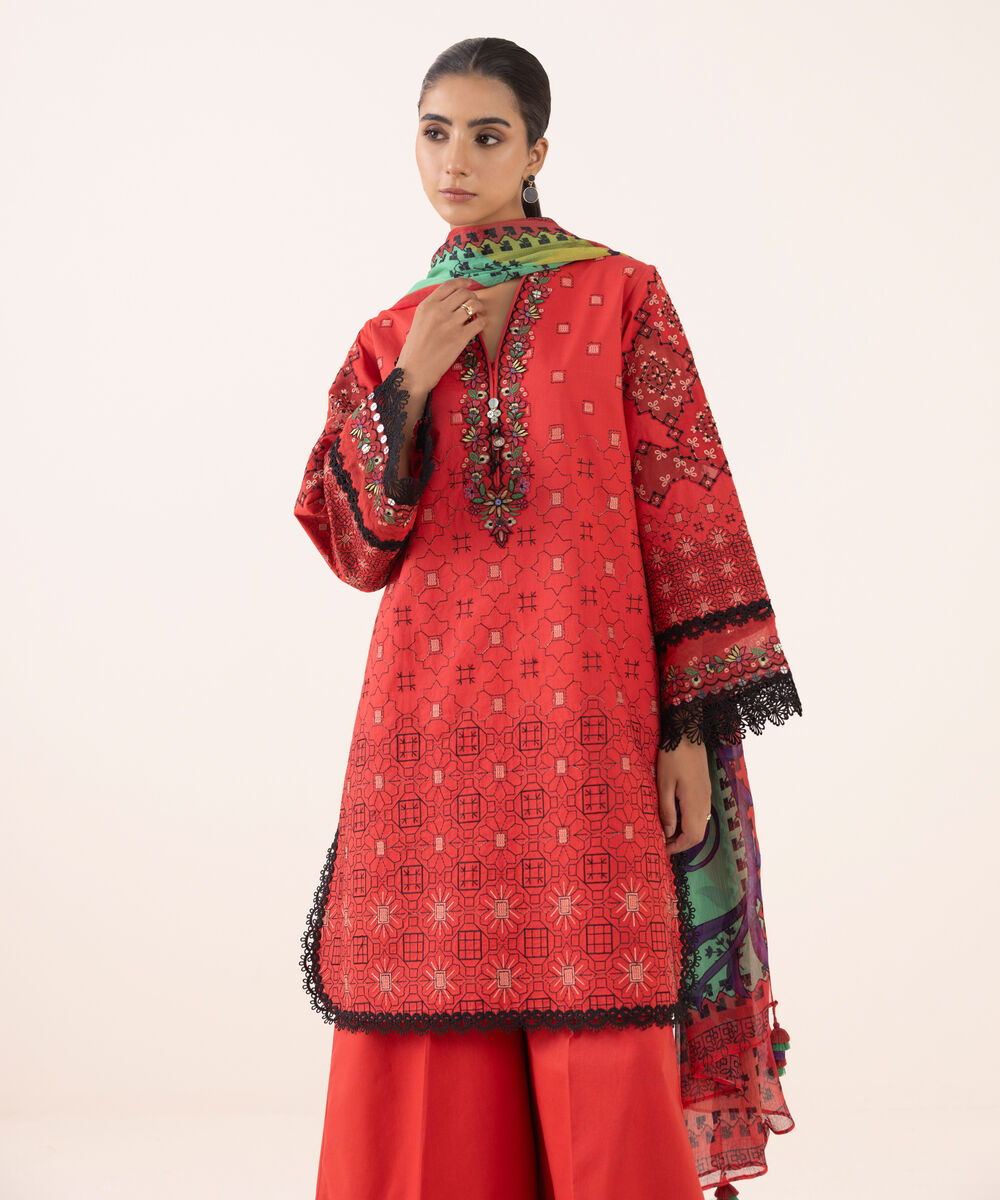 Women's Unstitched Cotton Embroidered Red Three Piece Suit