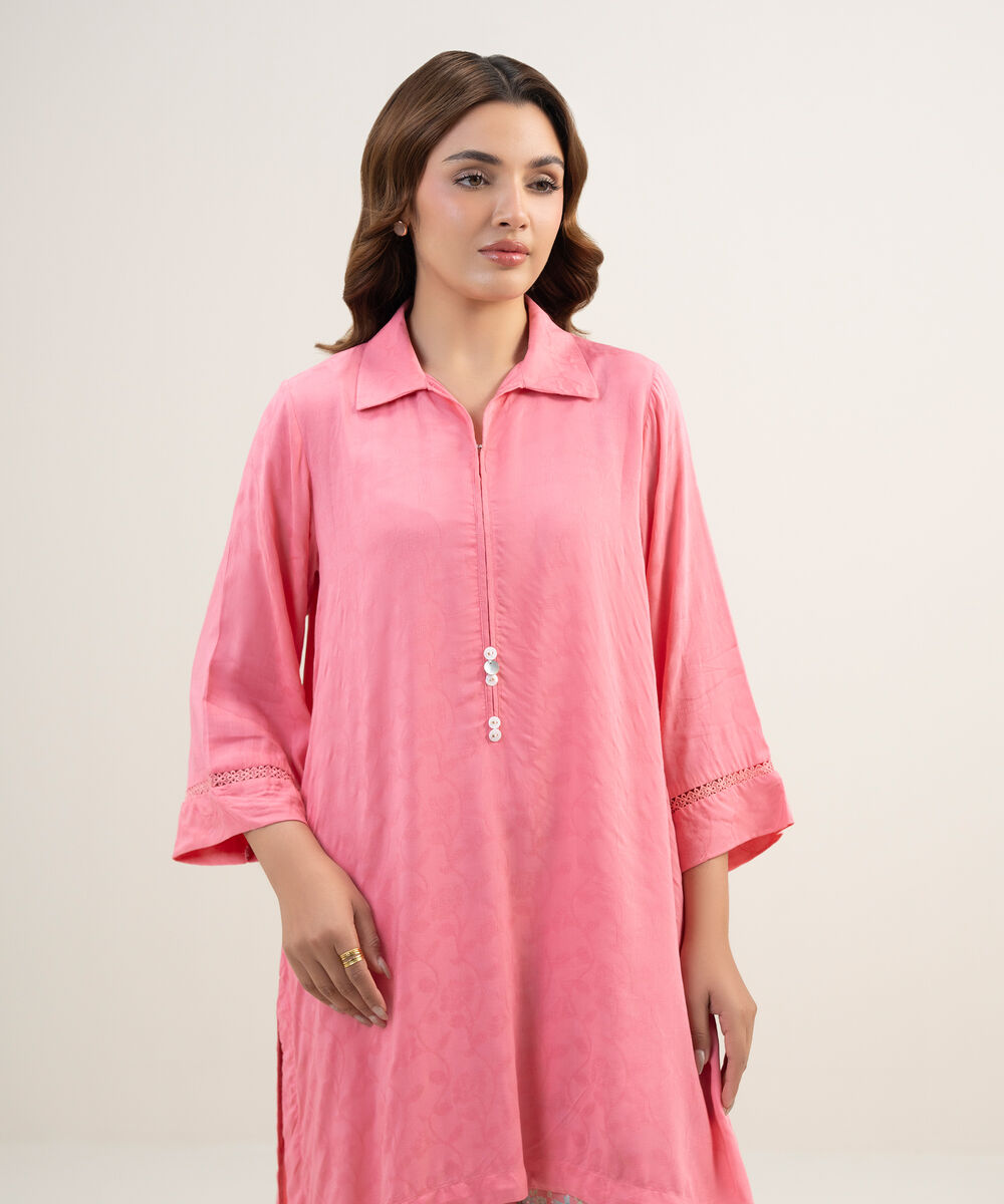 Women's RTW Arabic Self Jacquard Solid Pink Straight Shirt
