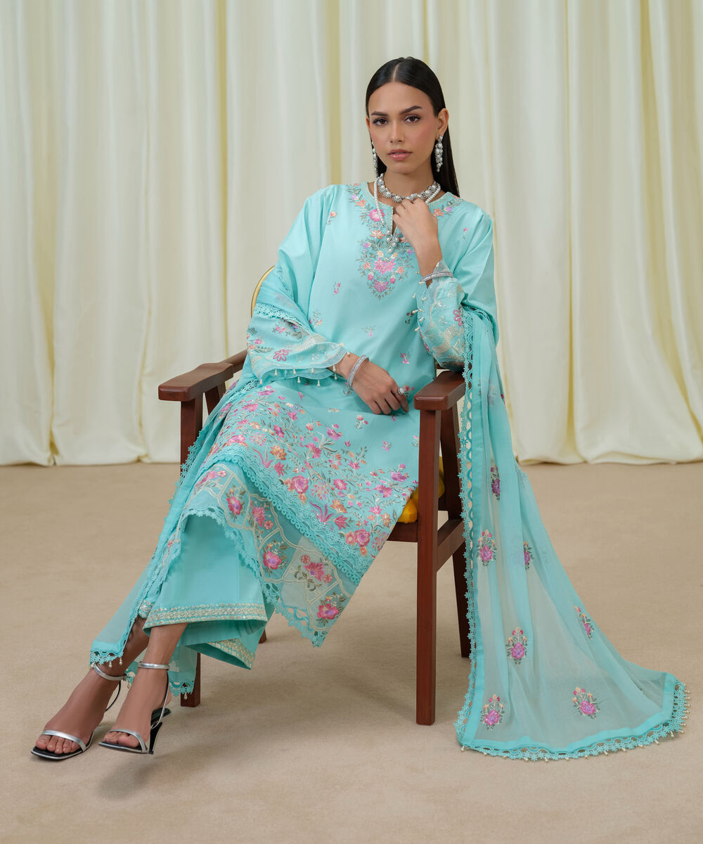 Women's Unstitched Cotton Net Embroidered Blue 3 Piece Suit