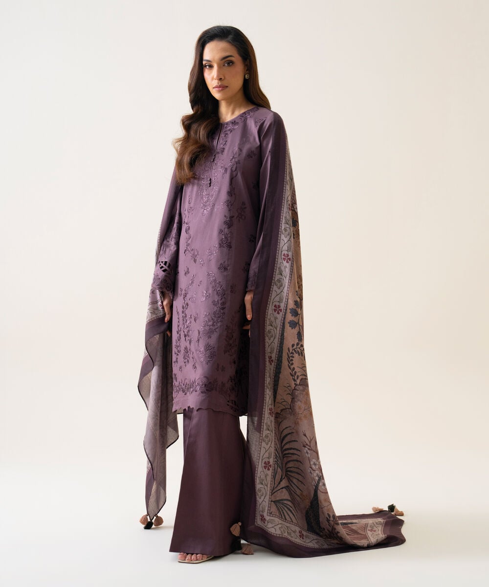 Women's Unstitched Cotton Twill Embroidered Mauve 3 Piece Suit