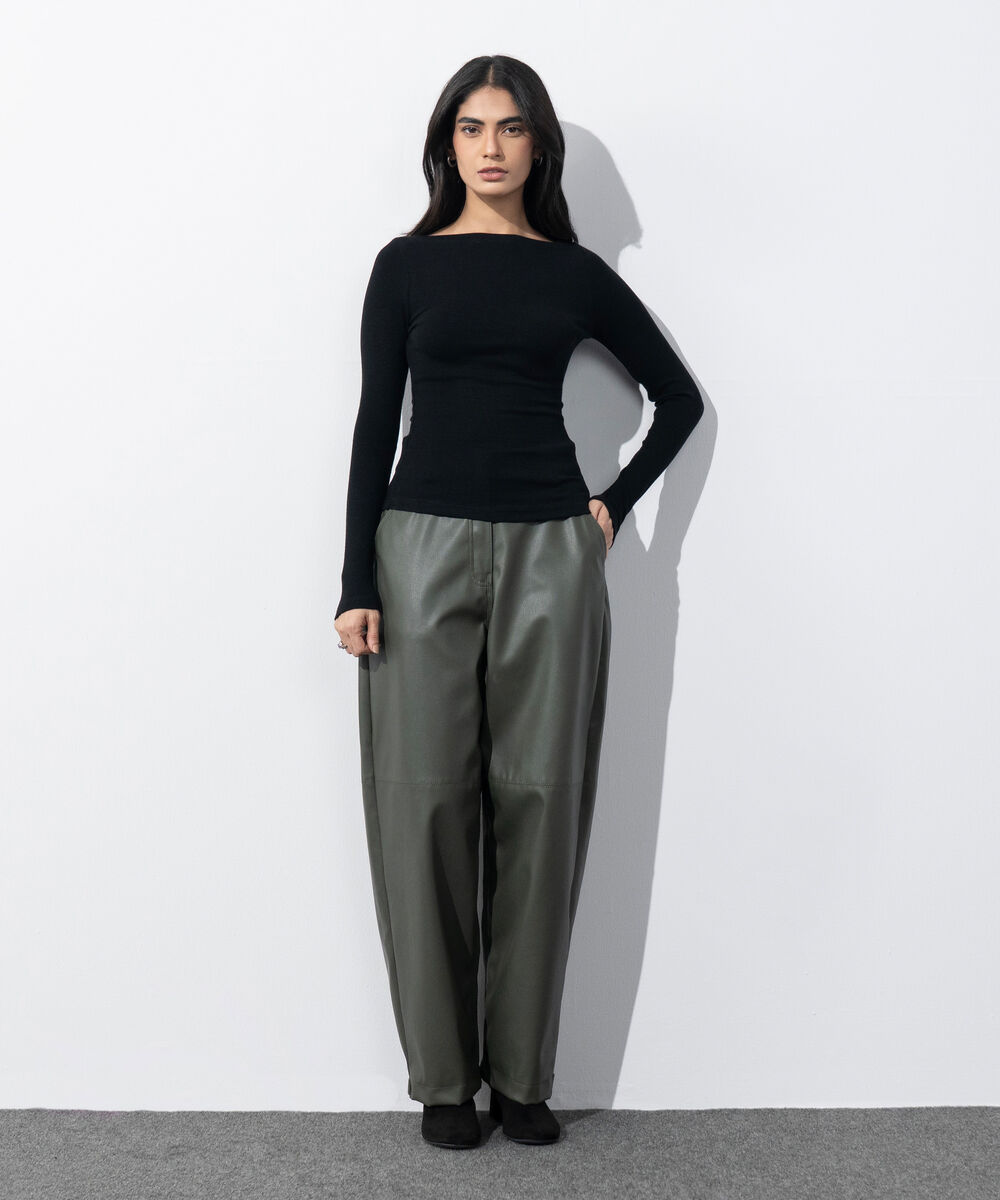 Women's Western Wear Black Slash Neck Rib Top