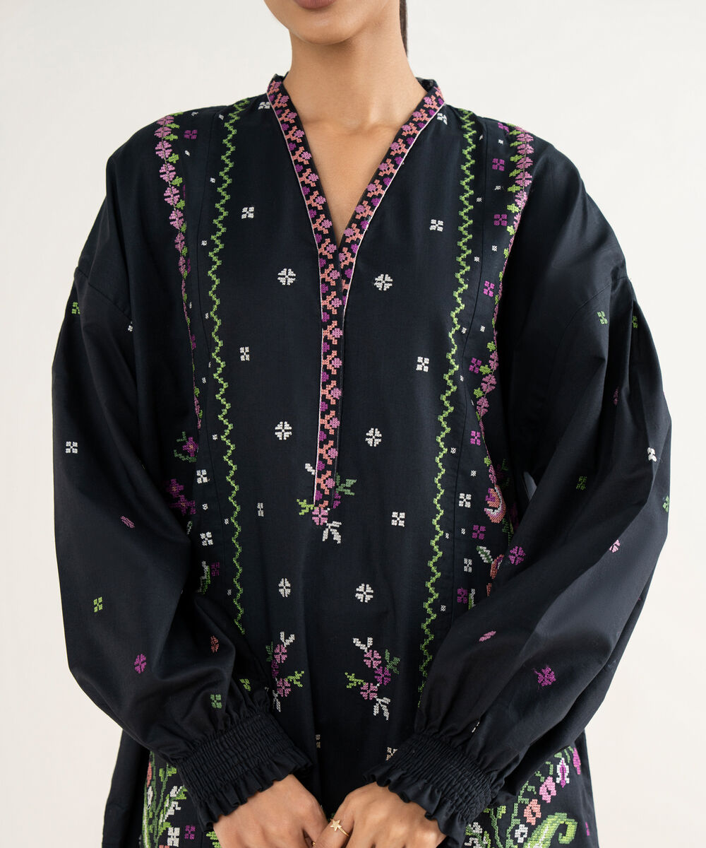 Women's Unstitched Cross Hatch Embroidered Black 3 Piece Suit