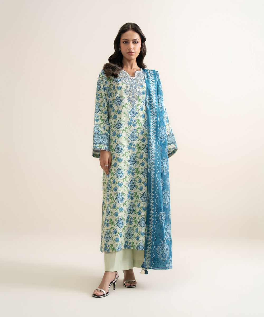 Women's Unstitched Lawn Embroidered Off White and Blue 3 Piece Suit