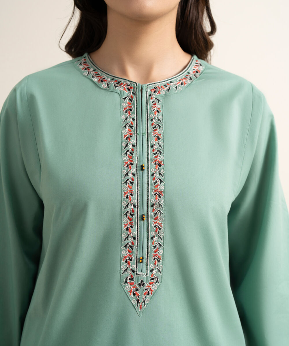 Women's RTW Cambric Embroidered Green Boxy Shirt