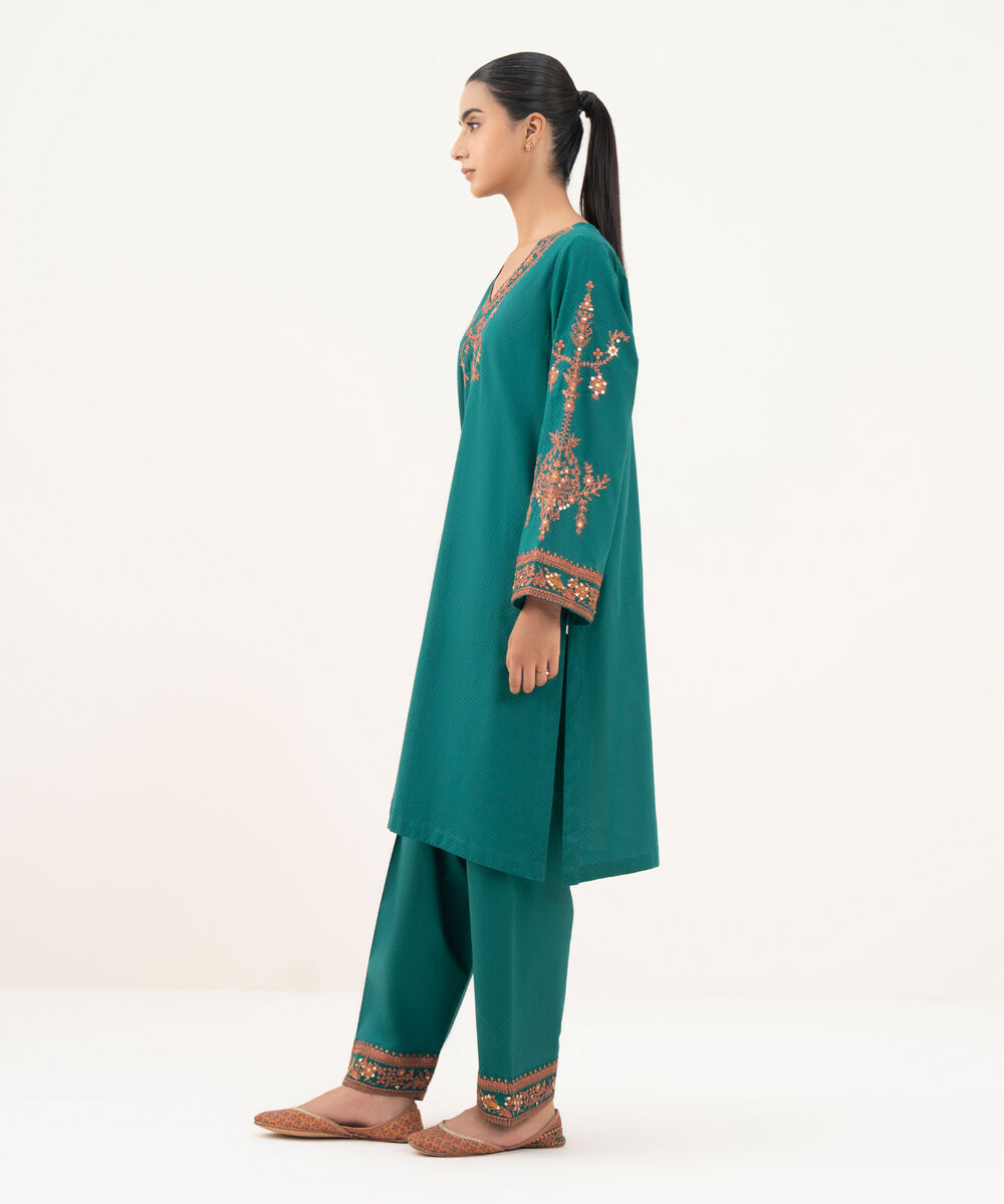 Women's RTW Textured Lawn Green Embroidered A-Line Shirt