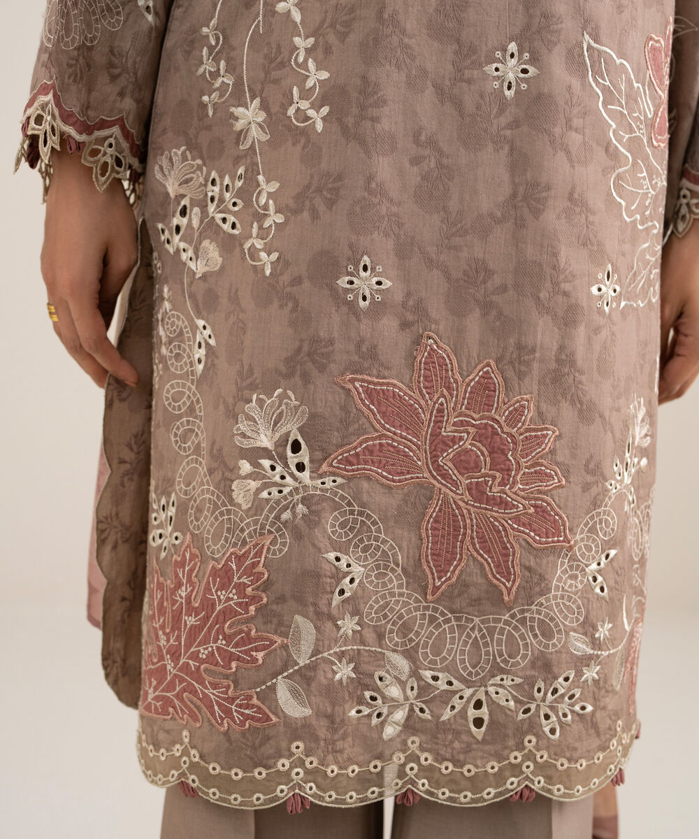 Women's Unstitched Self Jacquard Embroidered Beige 3 Piece Suit