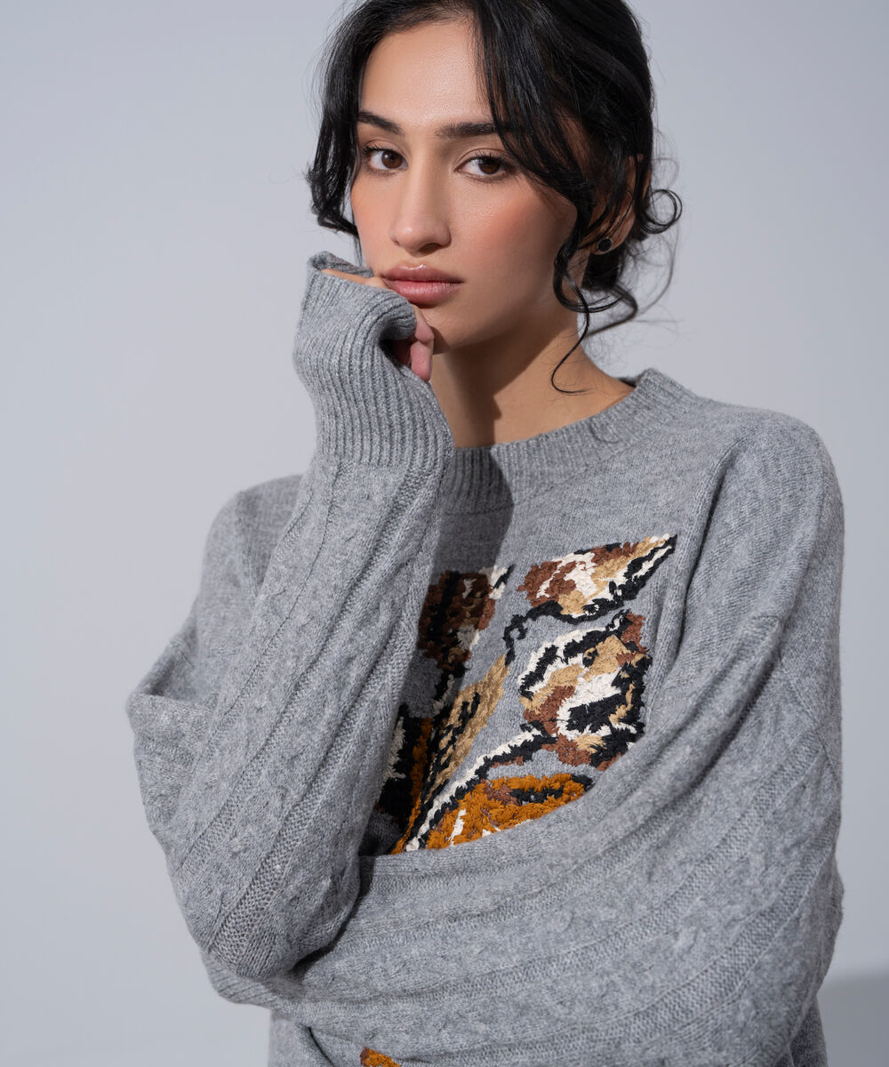 Women's Western Wear Grey Embroidered Knit Jumper