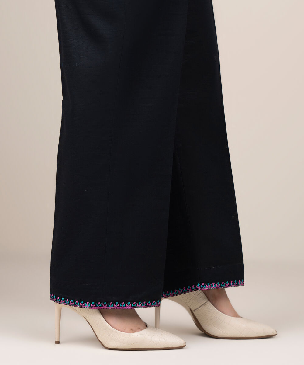 Women's RTW Light Khaddar Embroidered Black Straight Pants