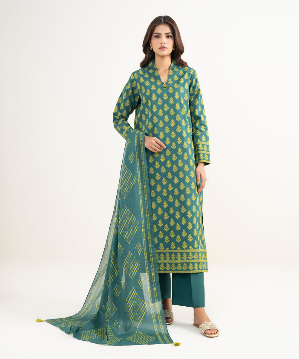 Women's Unstitched Lawn Printed Green 3 Piece Suit