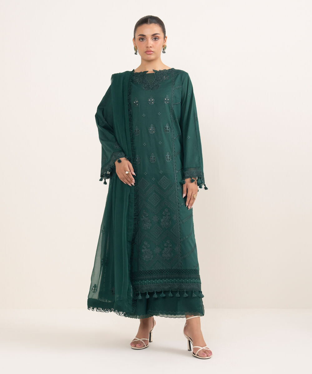 Women's Unstitched Lawn Embroidered Green 3 Piece Suit