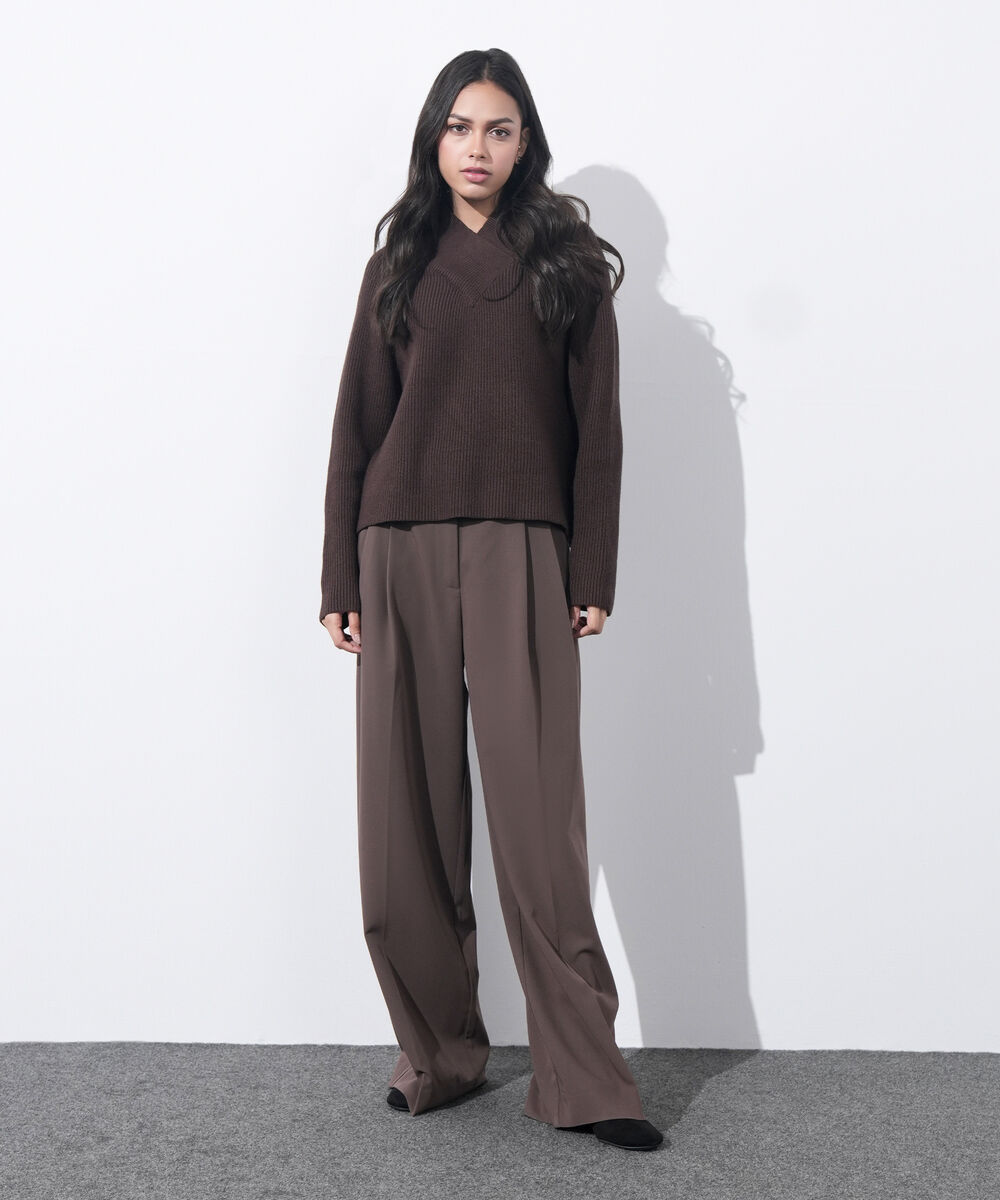 Women's Western Wear Brown Cross-Over High Neck Sweater