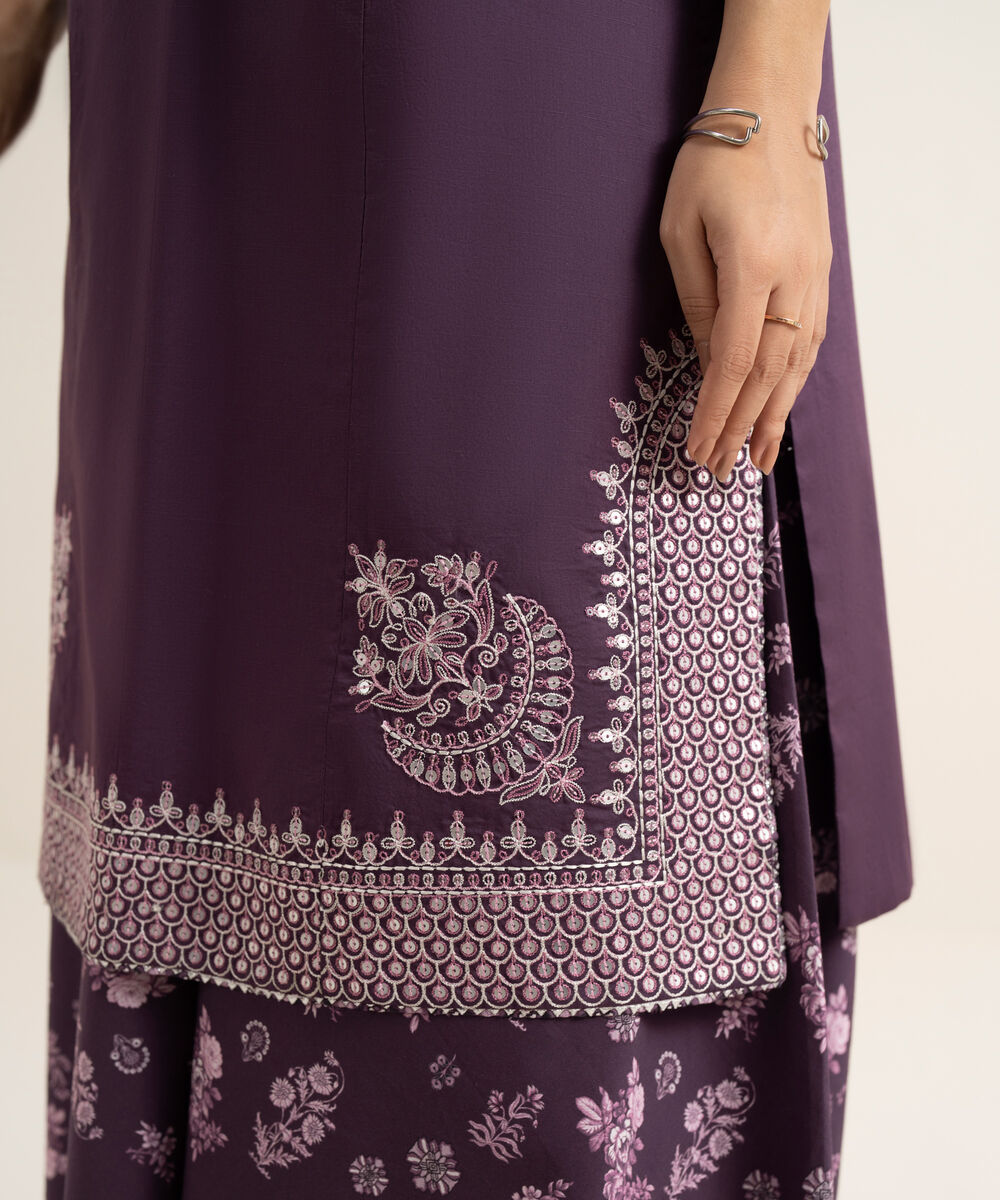 Women's Unstitched Textured Lawn Embroidered Purple 3 Piece Suit