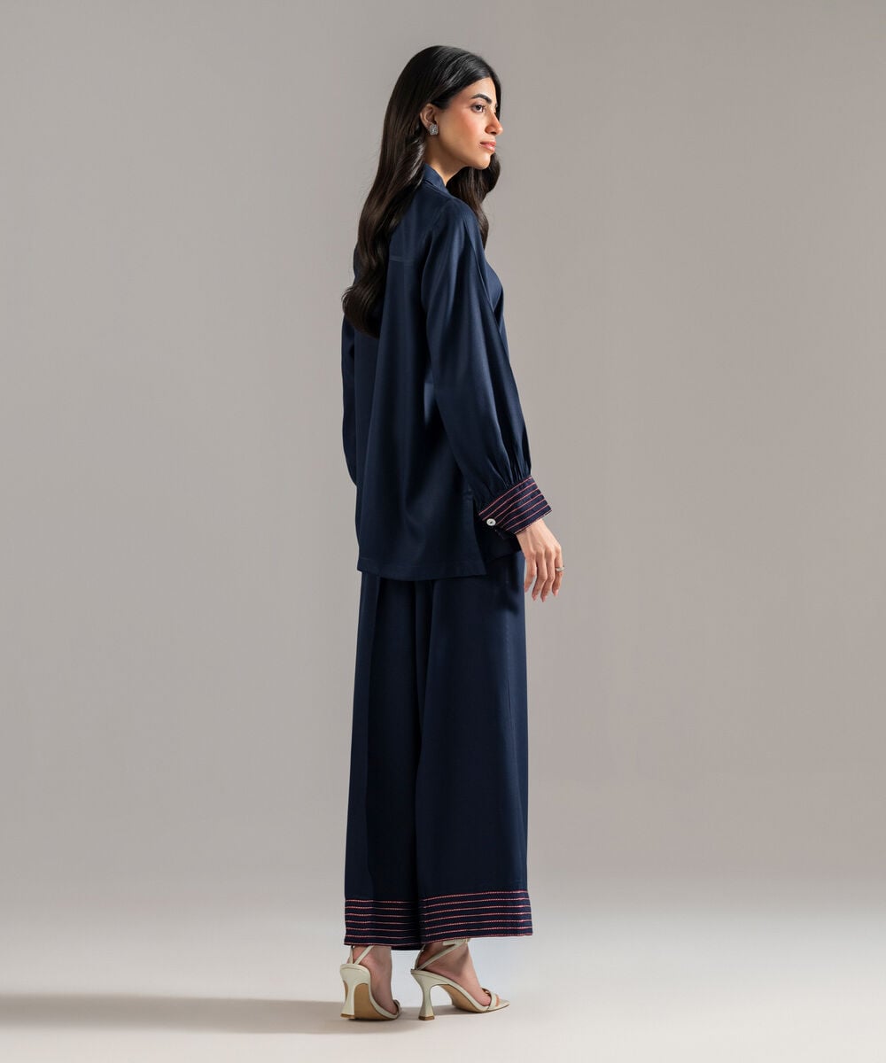 Women's RTW Bedford Solid Embroidered Dark Blue Drop Shoulder Shirt