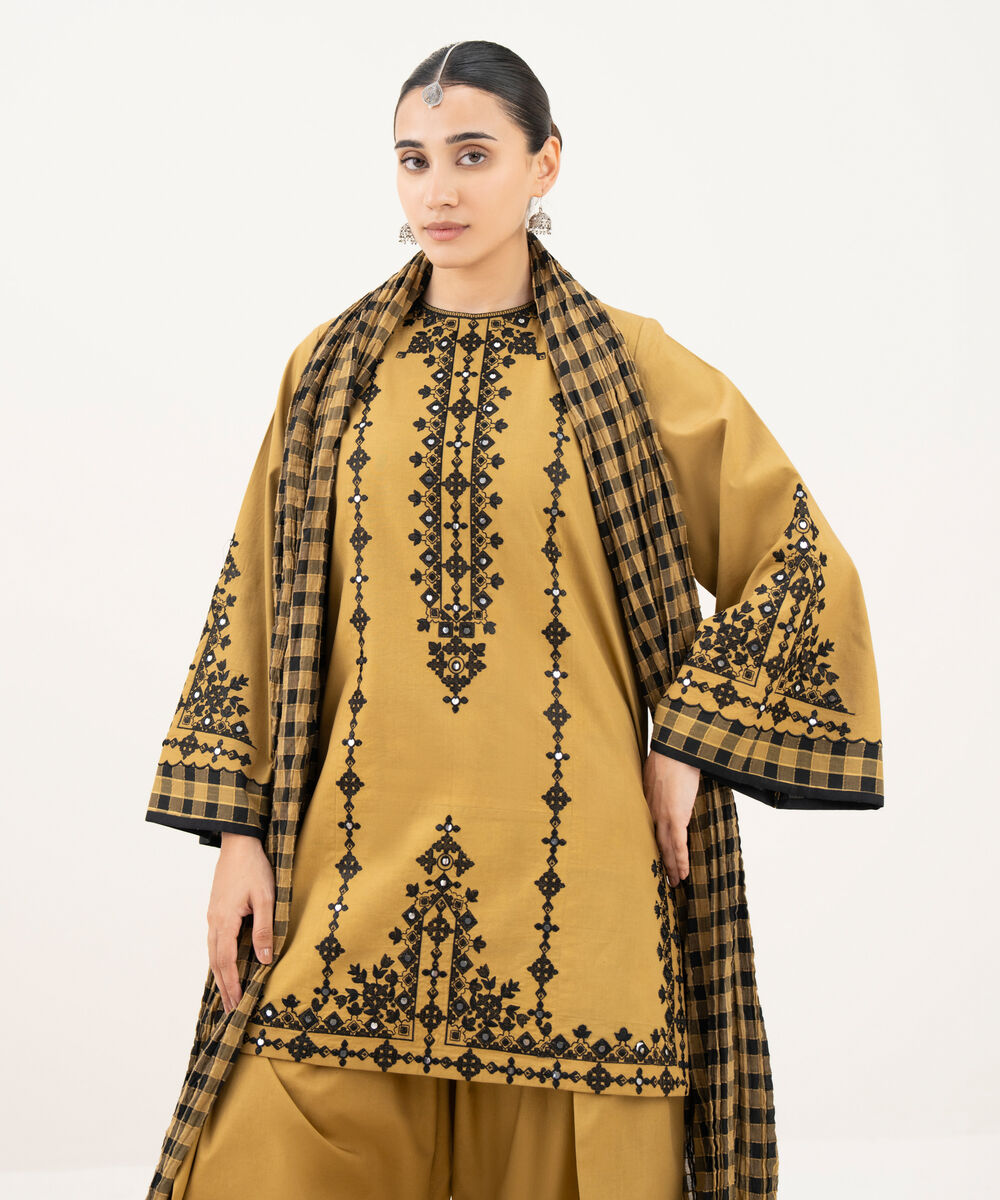 Women's Unstitched Cotton Embroidered Yellow 3 Piece Suit