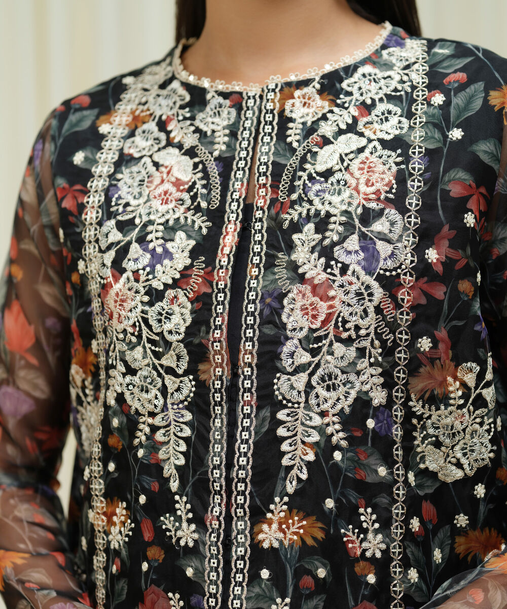 Women's Unstitched Blended Organza Embroidered Black 3 Piece Suit