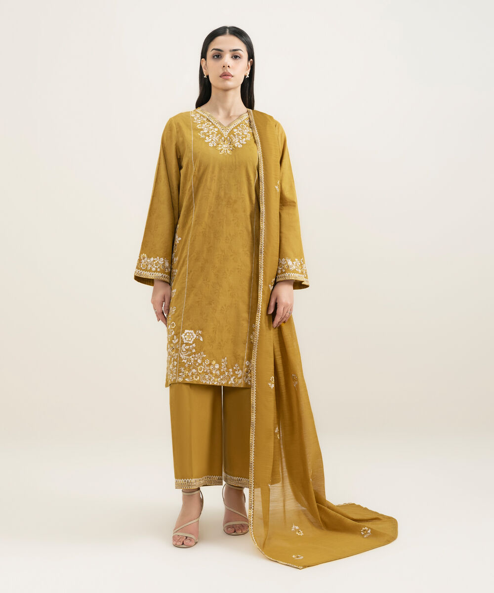 Women's RTW Self Jacquard Embroidered Yellow A-Line Shirt