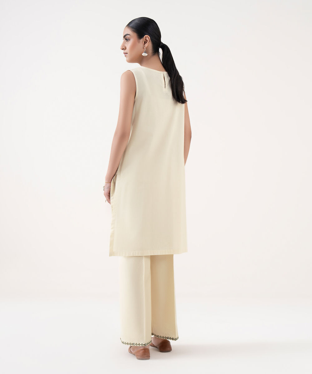 Women's RTW Textured Cotton White Embroidered A-Line Shirt