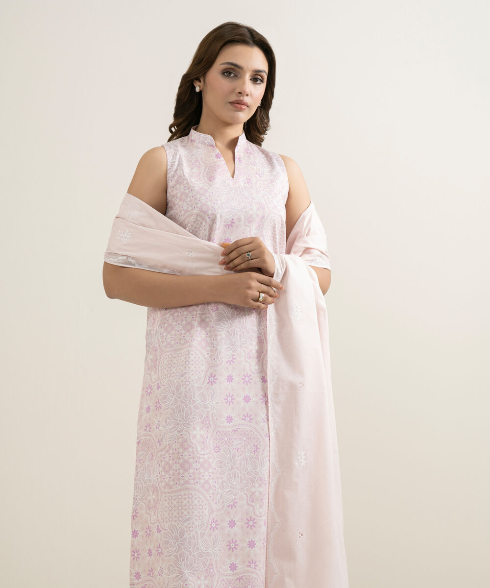 Women's Unstitched Lawn Printed Pink 3 Piece Suit