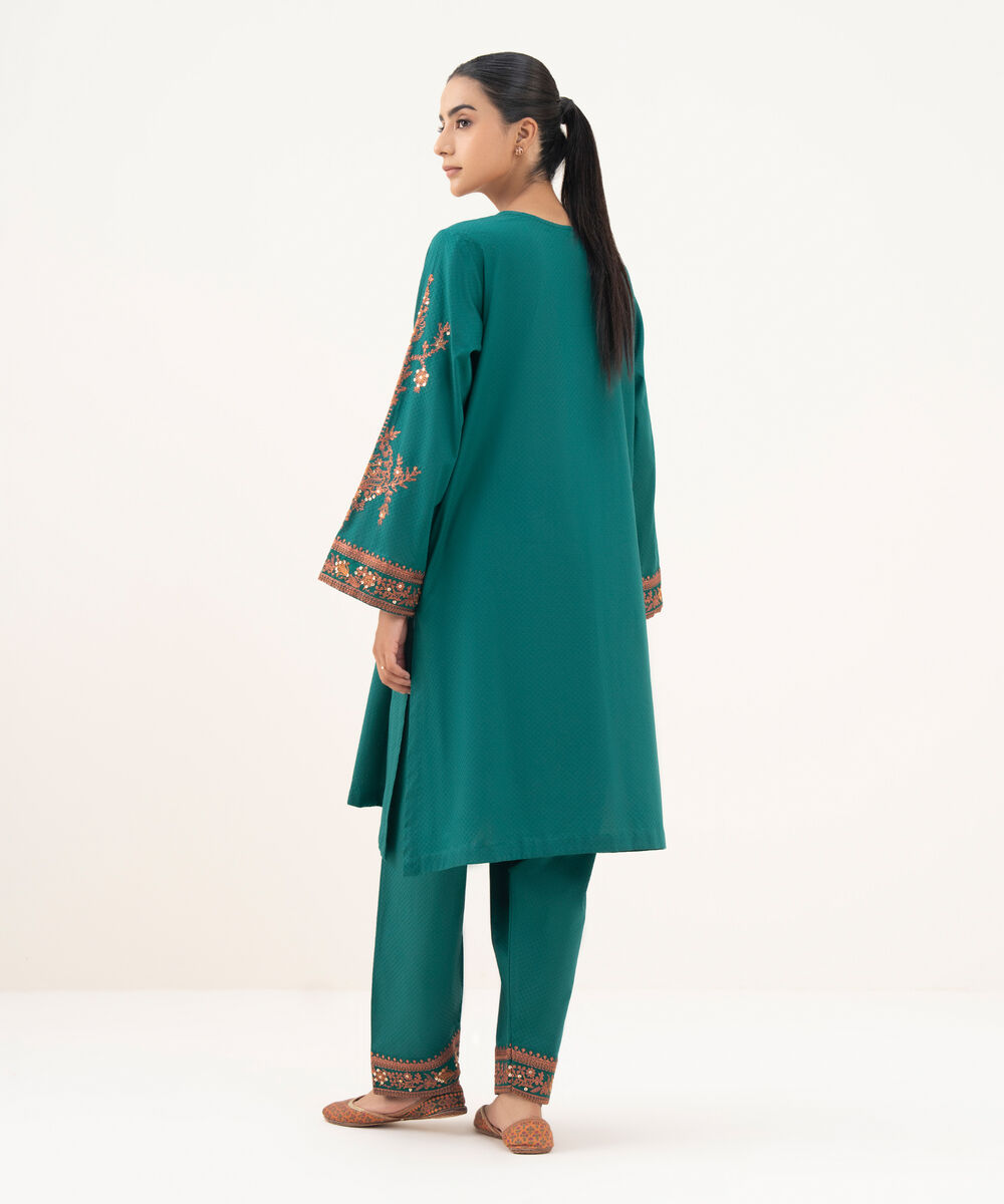Women's RTW Textured Lawn Green Embroidered A-Line Shirt