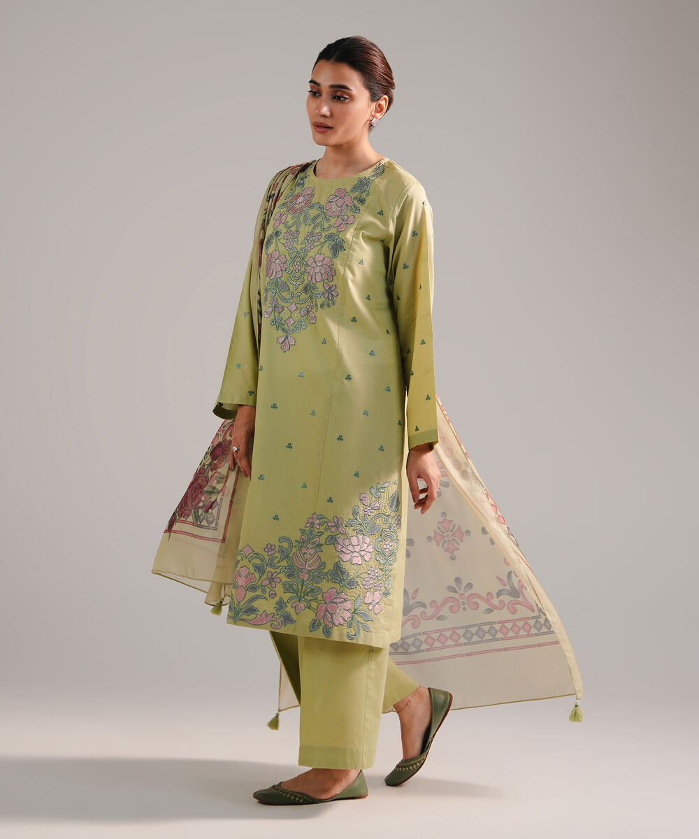Women's RTW Zari Lawn Embroidered Green 3 Piece Suit