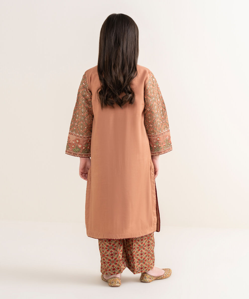 Girl's Viscose Raw Silk Orange Embroidered 2 Piece Suit