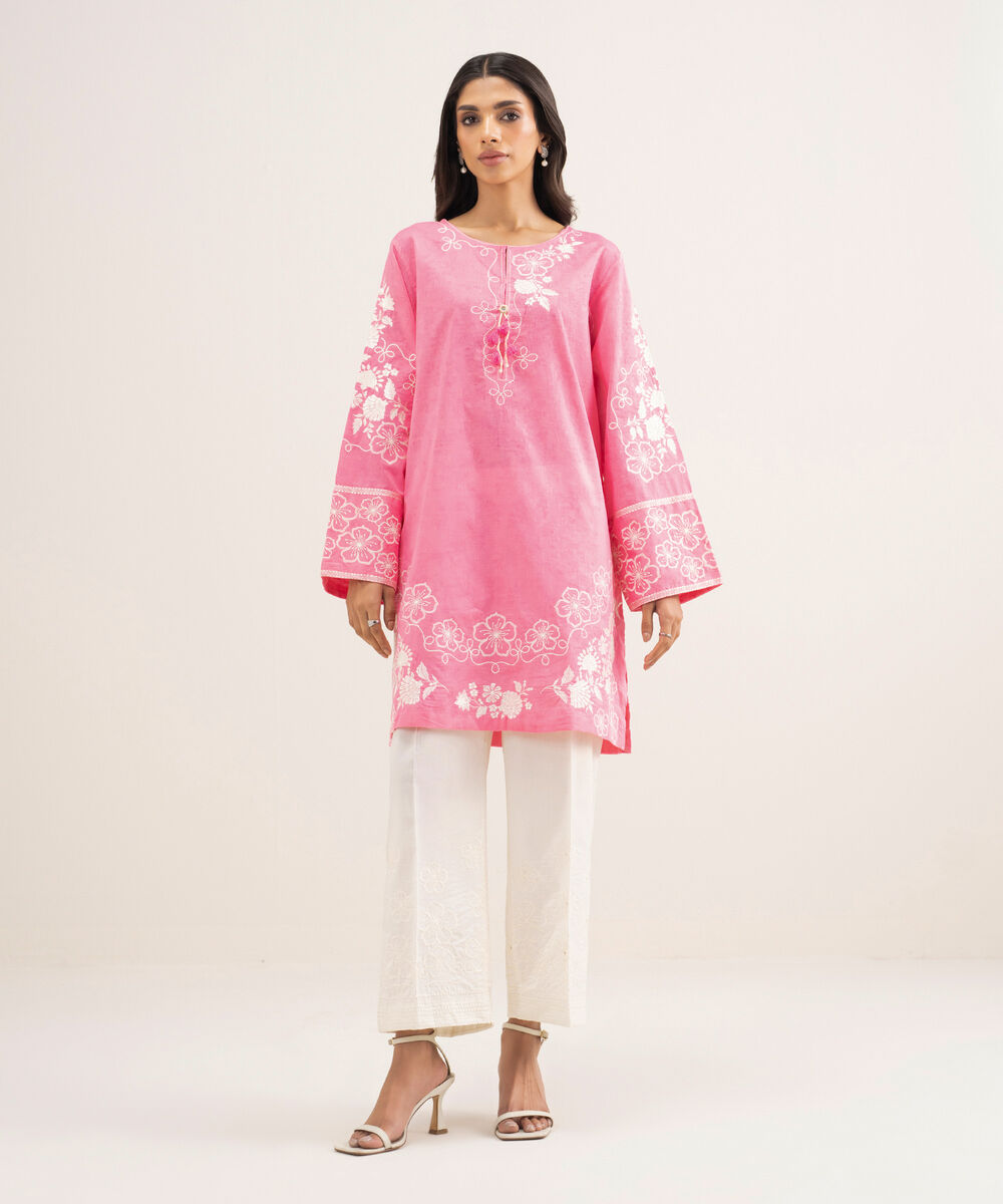 Women's RTW Self Jacquard Embroidered Pink Straight Shirt