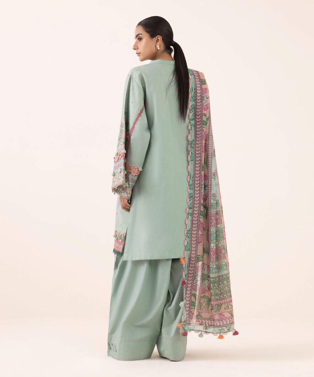 Women's Unstitched Fine Cotton Satin Embroidered Blue 3 Piece Suit