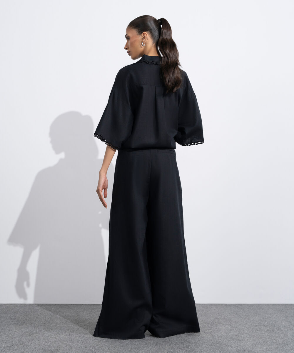 Women's Western Black Wide-Leg Pleated Trousers