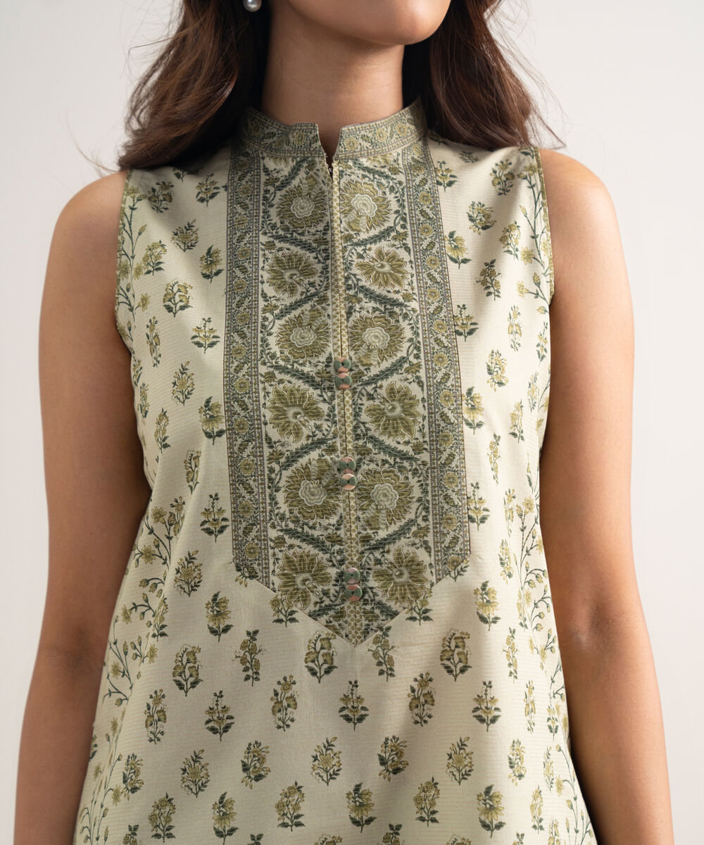 Women's Unstitched Zari Lawn Printed Beige 3 Piece Suit