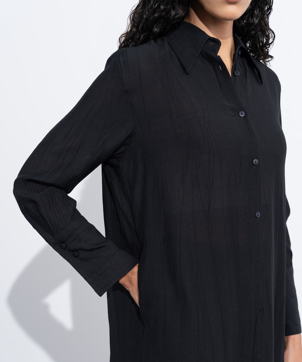 Women's Western Wear Black Textured Button Down Dress