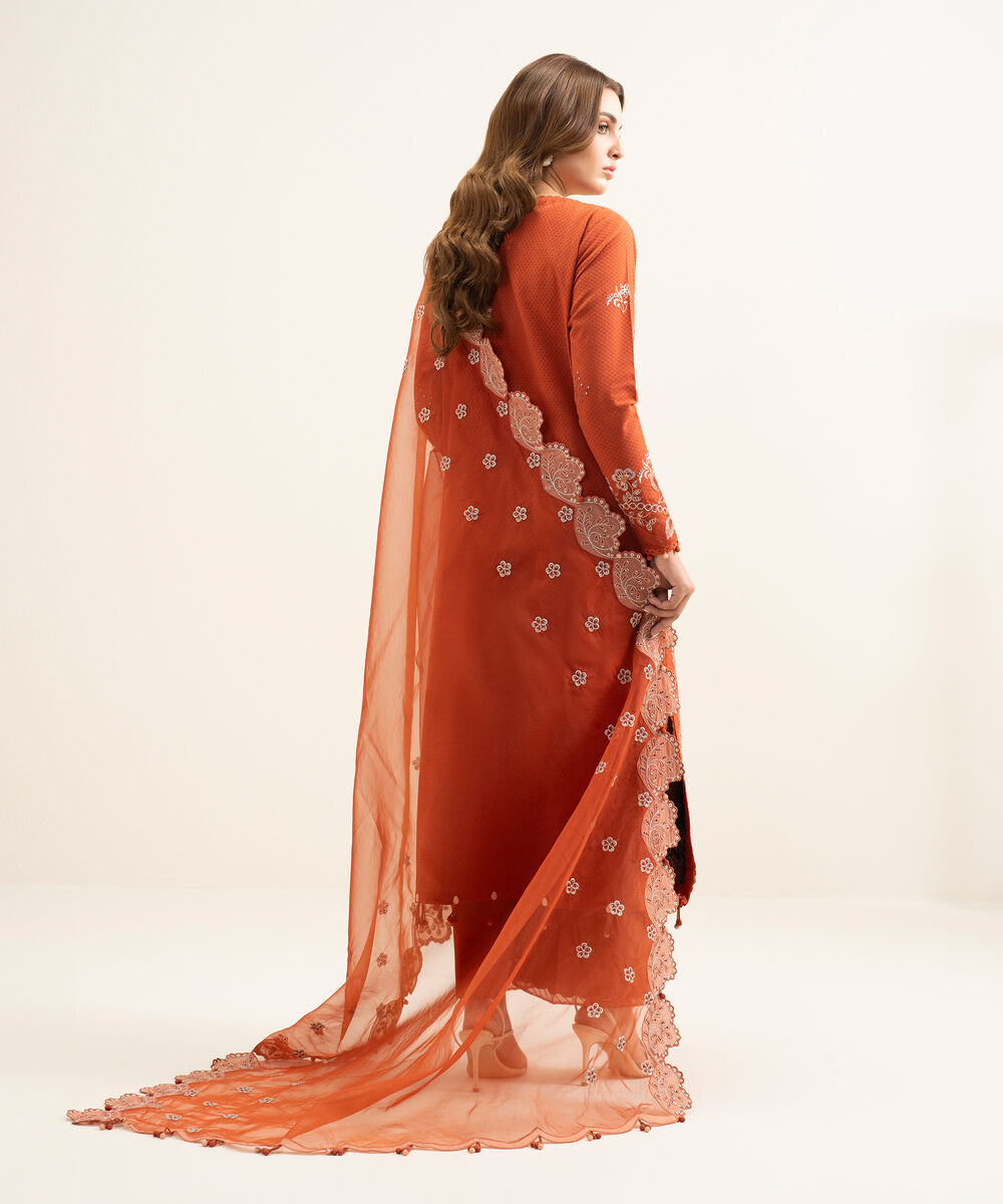 Women's Unstitched Dobby Embroidered Orange 3 Piece Suit