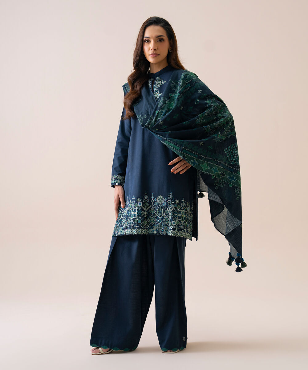 Women's Unstitched Light Khaddar Embroidered Dark Blue 3 Piece Suit